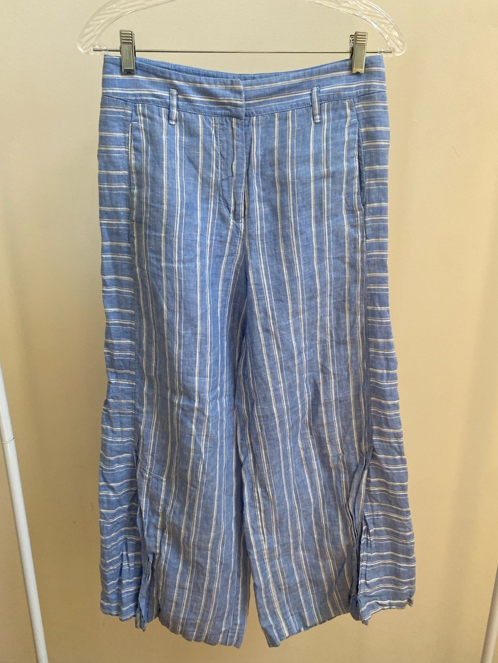 ETT:TWA Anthropologie Palazzo 100% linen trousers blue striped wide-leg Sz 2